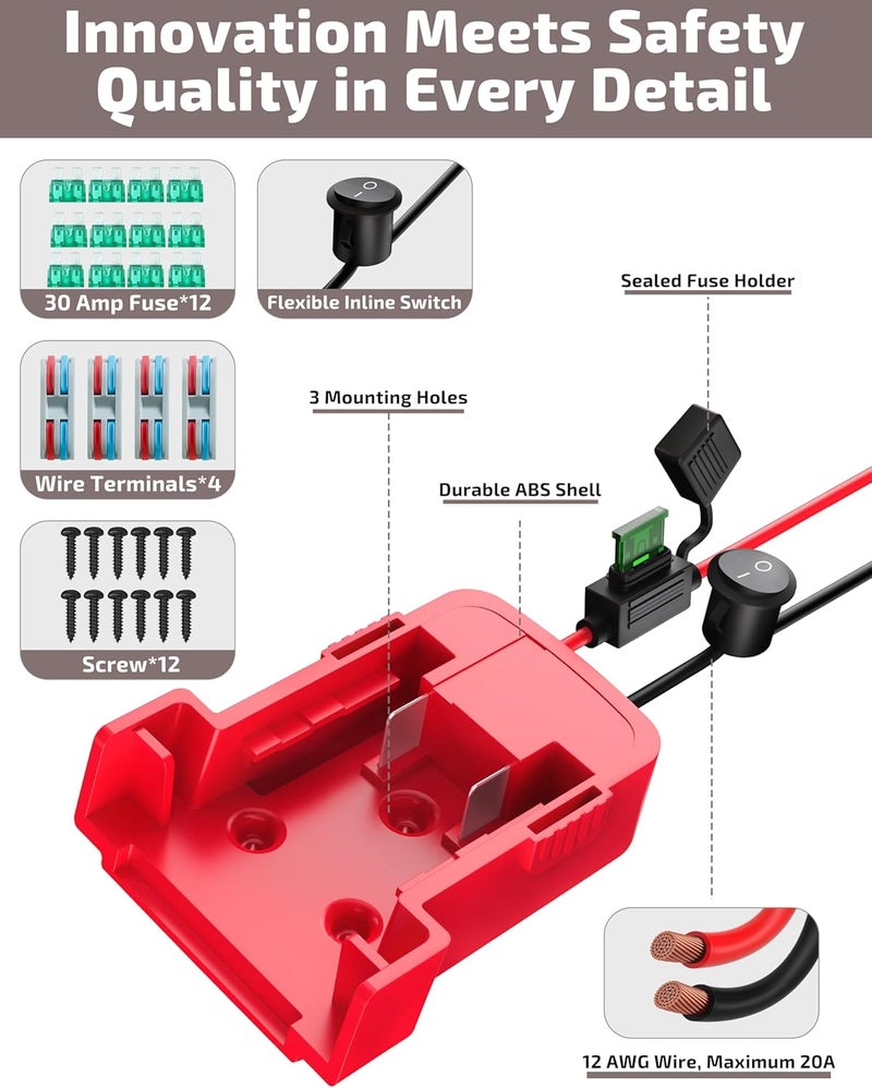 CRIVON 4-Pack 18V for Milwaukee M18 Battery Adapter for Power Wheels Battery Upgrade Conversion Kit with Switch Fuses Wire Connectors 12AWG Wire Power Tool Drill Battery Converter Adapter for DIY RC Car, Etc - Image 4